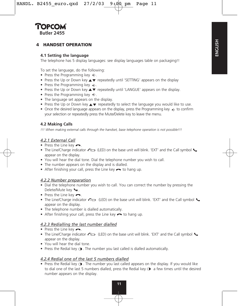 Butler 2455 | Topcom BUTLER 2455 User Manual | Page 11 / 180