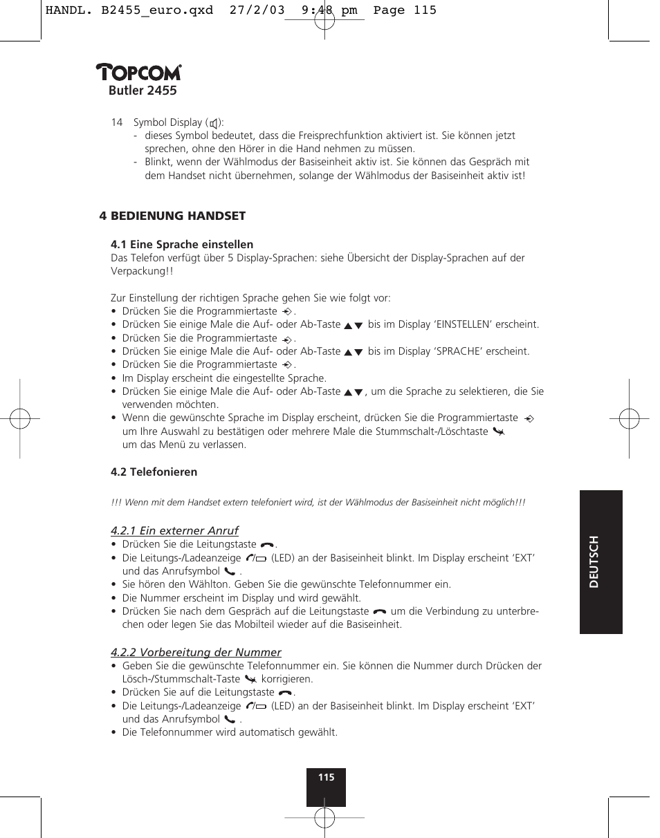 Butler 2455 | Topcom BUTLER 2455 User Manual | Page 115 / 180