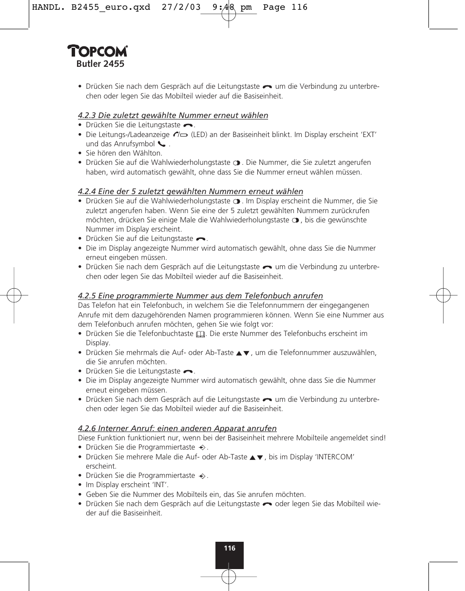 Butler 2455 | Topcom BUTLER 2455 User Manual | Page 116 / 180