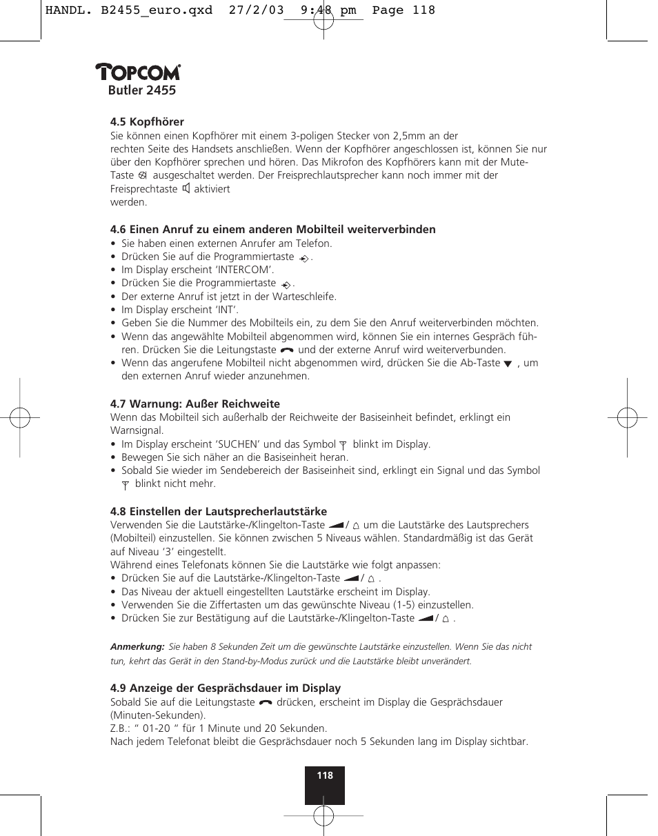 Butler 2455 | Topcom BUTLER 2455 User Manual | Page 118 / 180