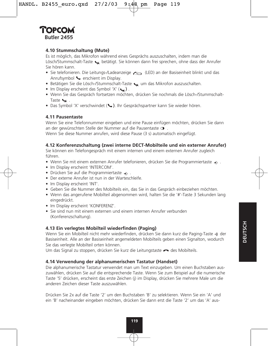 Butler 2455 | Topcom BUTLER 2455 User Manual | Page 119 / 180