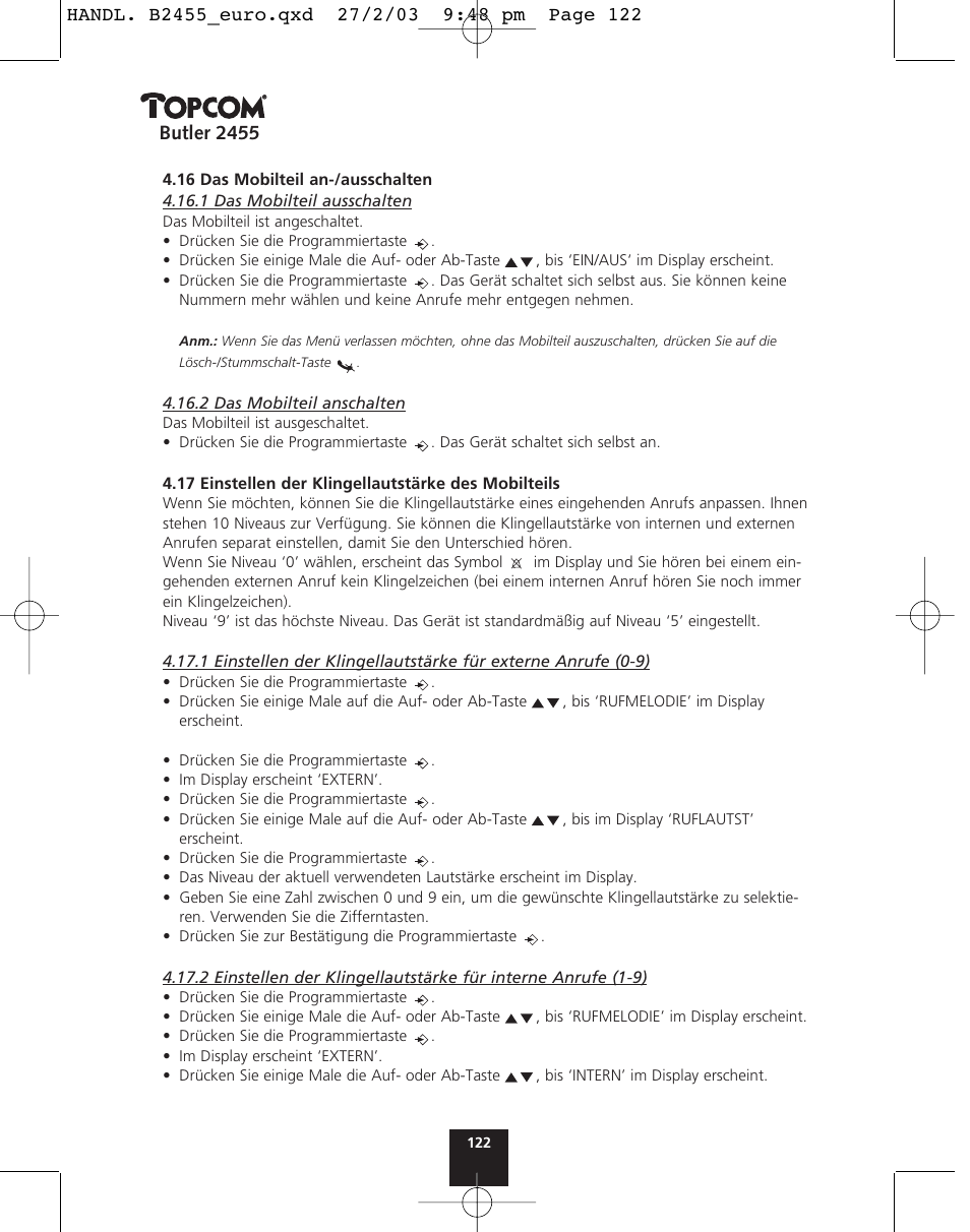 Butler 2455 | Topcom BUTLER 2455 User Manual | Page 122 / 180