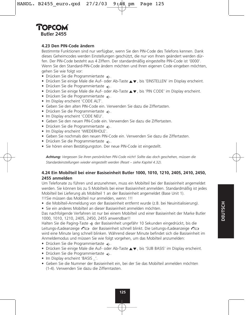 Butler 2455 | Topcom BUTLER 2455 User Manual | Page 125 / 180