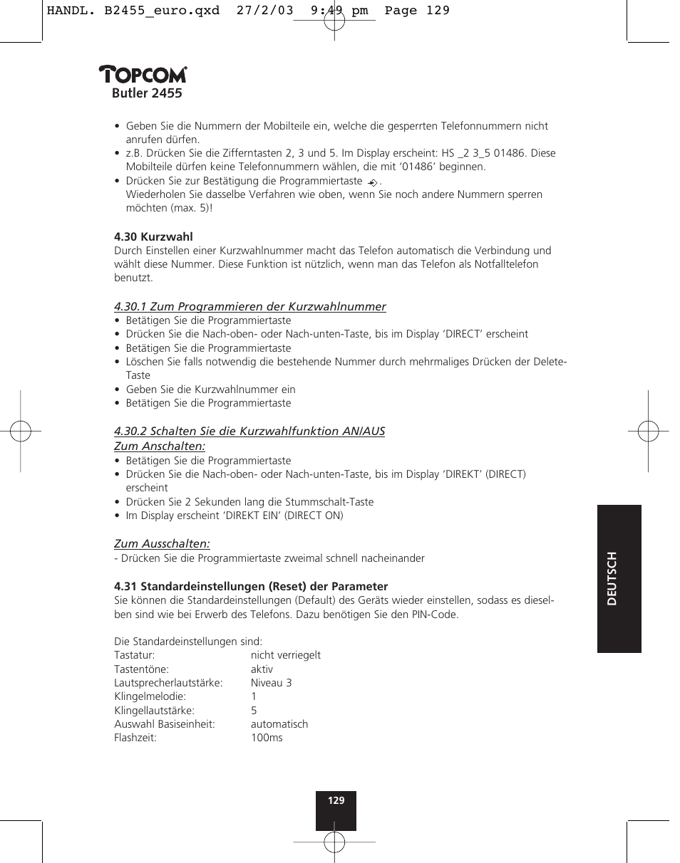 Butler 2455 | Topcom BUTLER 2455 User Manual | Page 129 / 180