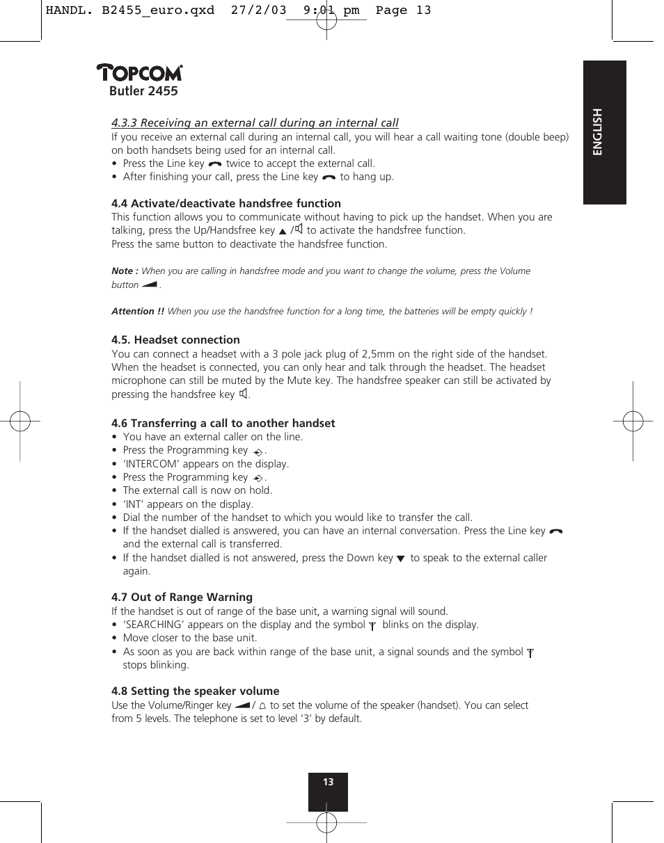 Butler 2455 | Topcom BUTLER 2455 User Manual | Page 13 / 180