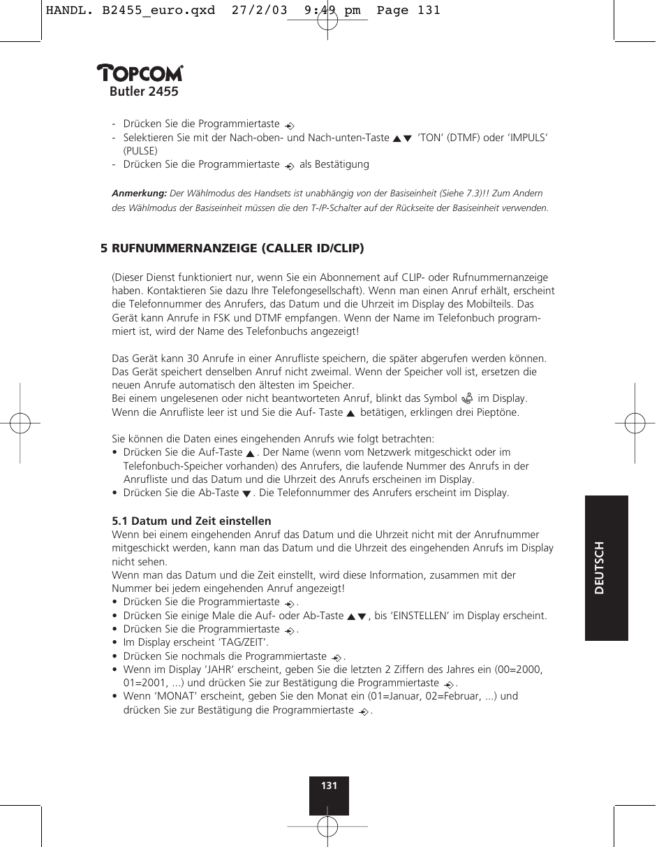 Butler 2455 | Topcom BUTLER 2455 User Manual | Page 131 / 180