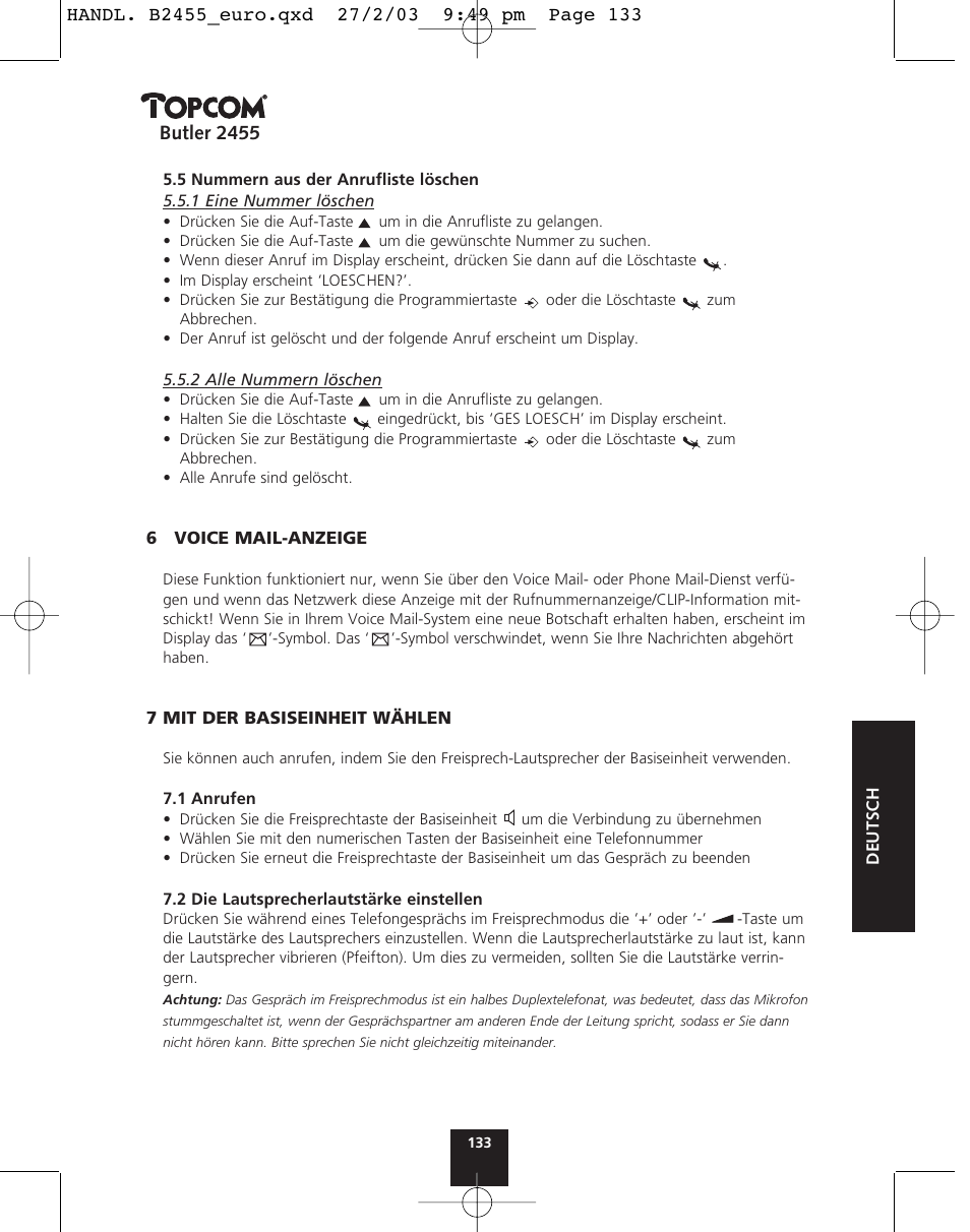 Butler 2455 | Topcom BUTLER 2455 User Manual | Page 133 / 180