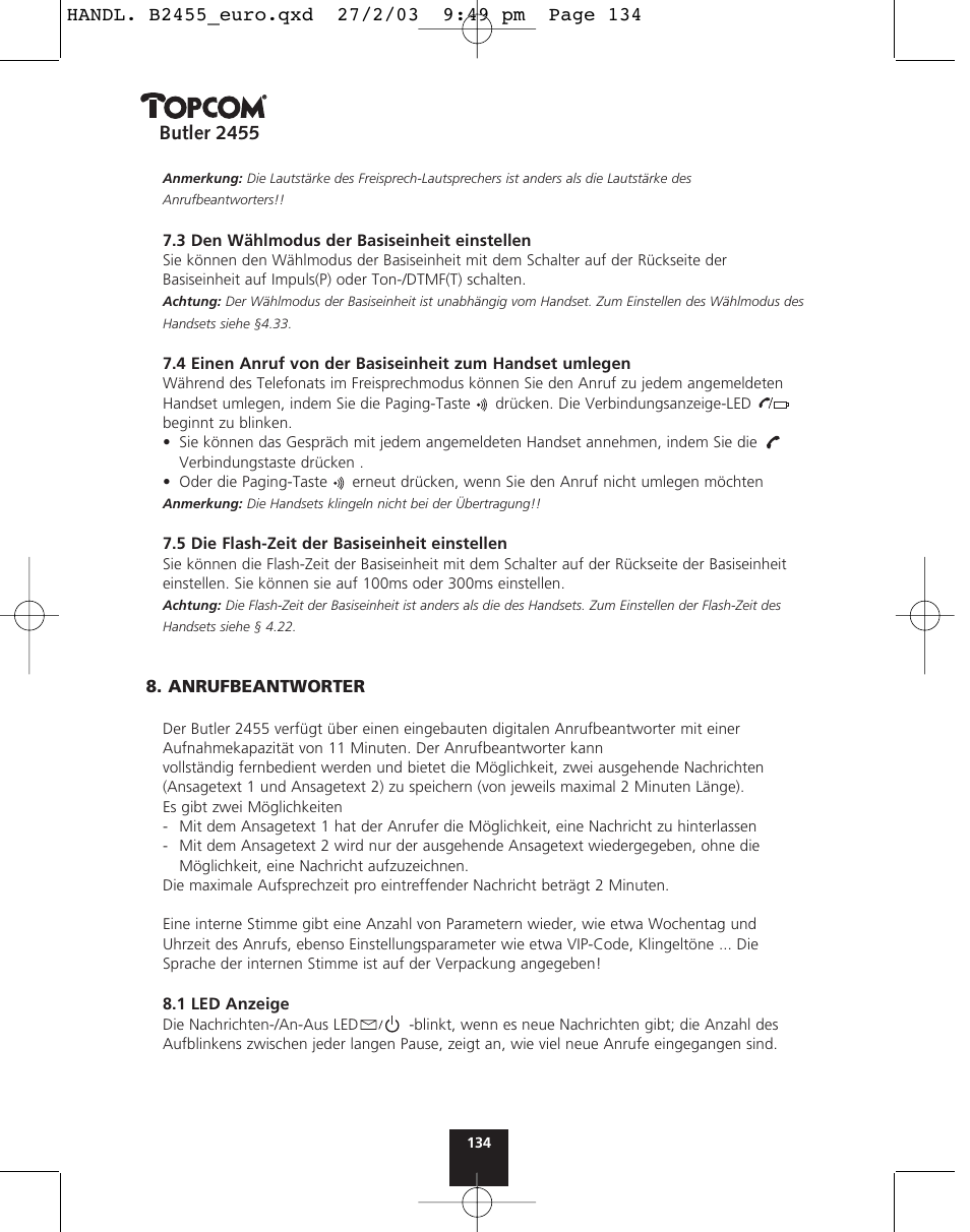 Butler 2455 | Topcom BUTLER 2455 User Manual | Page 134 / 180
