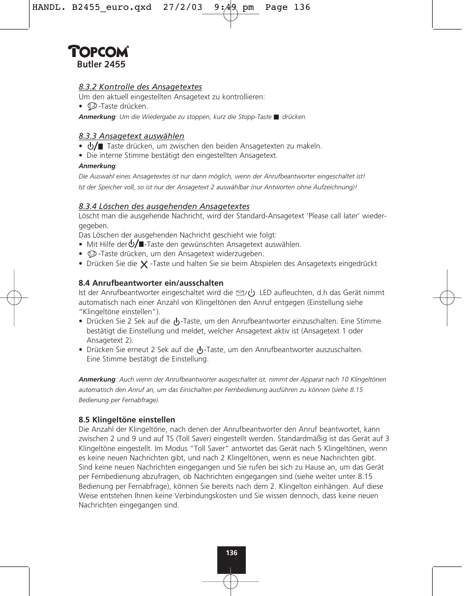 Butler 2455 | Topcom BUTLER 2455 User Manual | Page 136 / 180