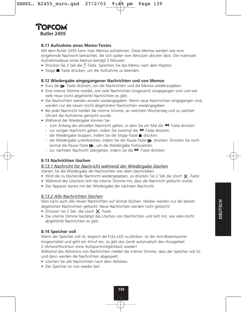 Butler 2455 | Topcom BUTLER 2455 User Manual | Page 139 / 180