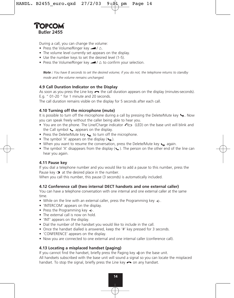 Butler 2455 | Topcom BUTLER 2455 User Manual | Page 14 / 180