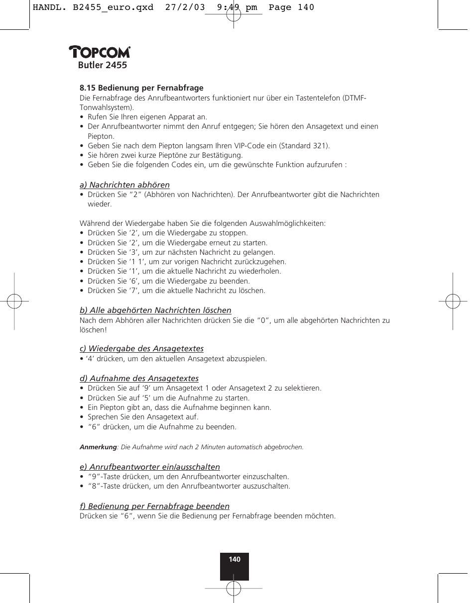Butler 2455 | Topcom BUTLER 2455 User Manual | Page 140 / 180