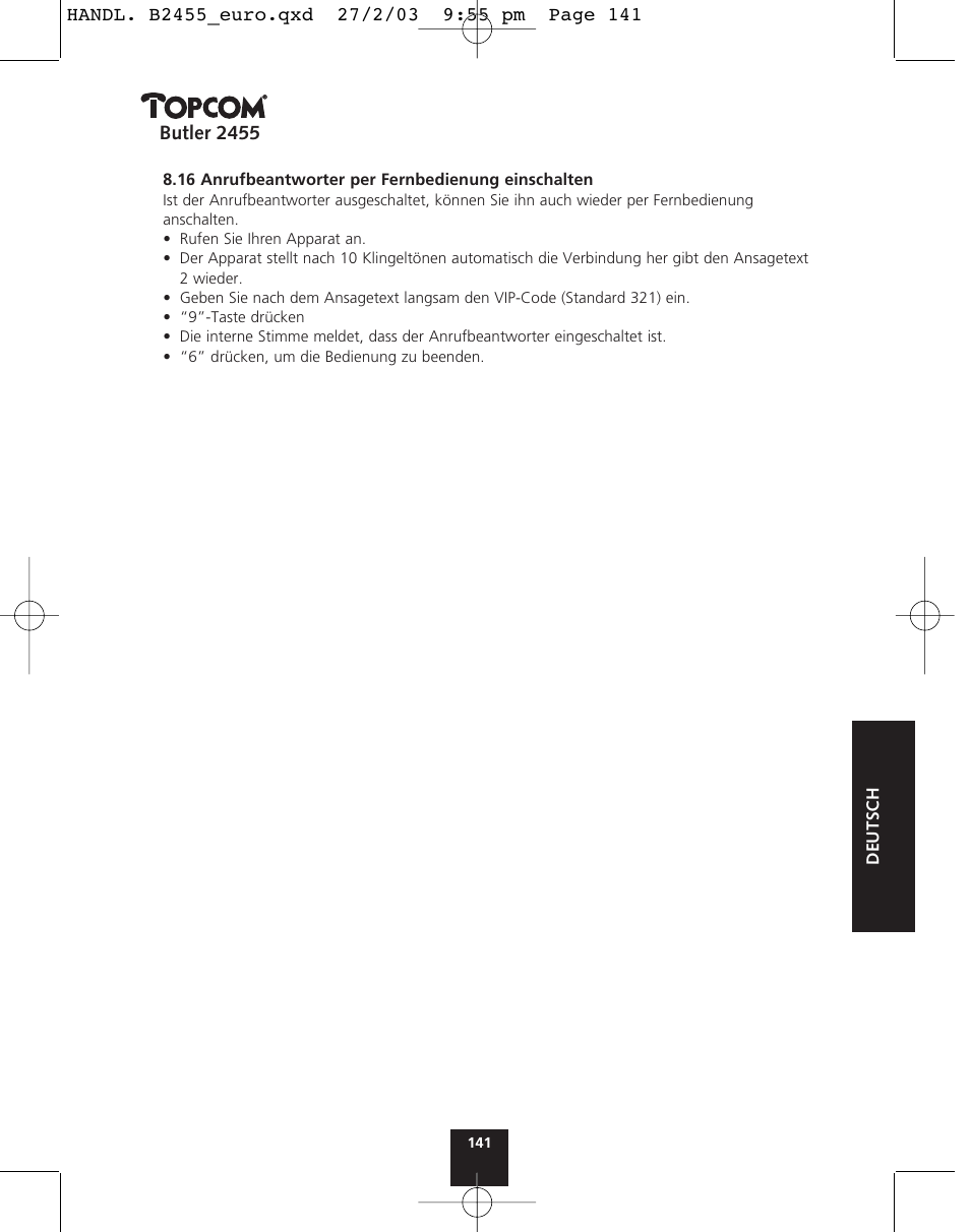 Butler 2455 | Topcom BUTLER 2455 User Manual | Page 141 / 180