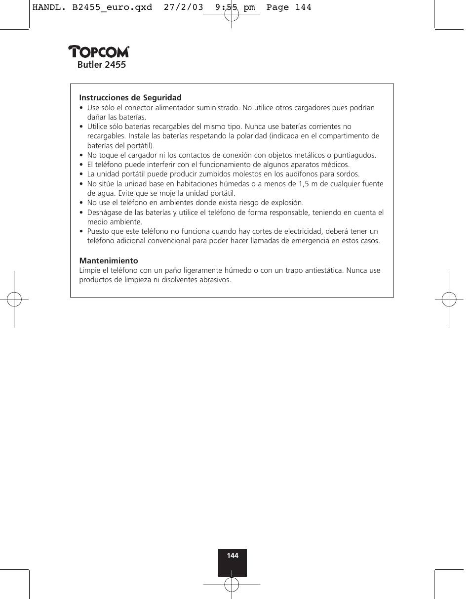 Butler 2455 | Topcom BUTLER 2455 User Manual | Page 144 / 180