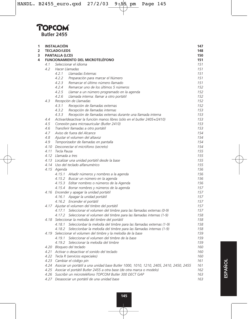 Butler 2455, Español | Topcom BUTLER 2455 User Manual | Page 145 / 180