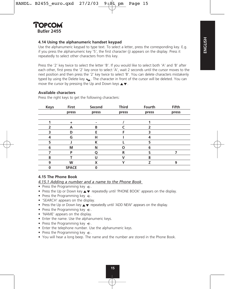 Butler 2455 | Topcom BUTLER 2455 User Manual | Page 15 / 180