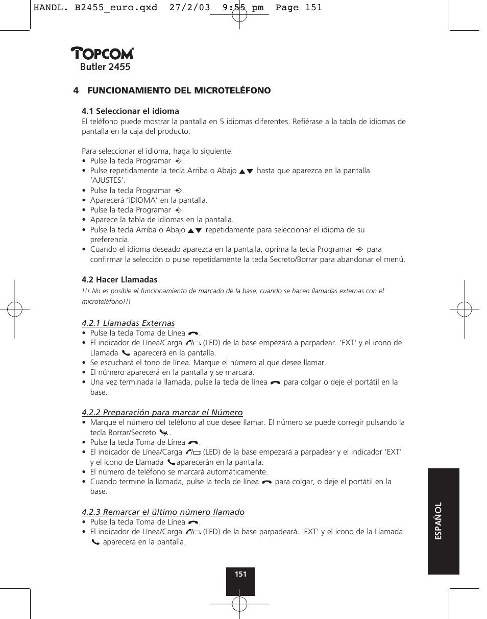 Butler 2455 | Topcom BUTLER 2455 User Manual | Page 151 / 180