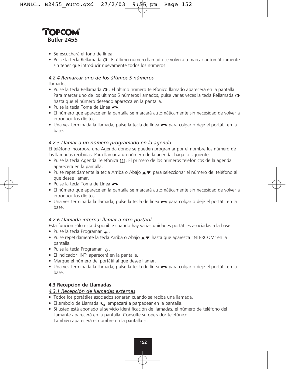 Butler 2455 | Topcom BUTLER 2455 User Manual | Page 152 / 180