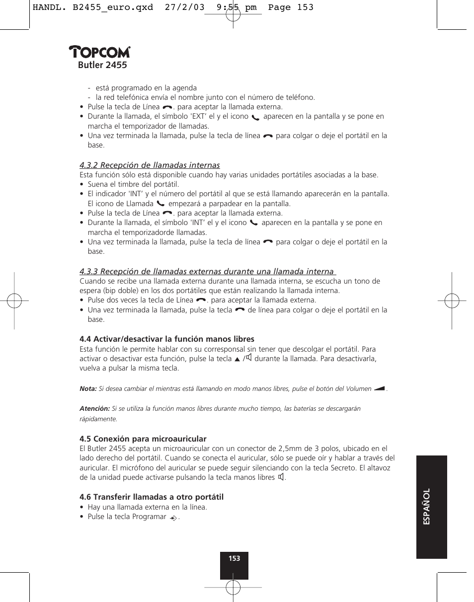Butler 2455 | Topcom BUTLER 2455 User Manual | Page 153 / 180