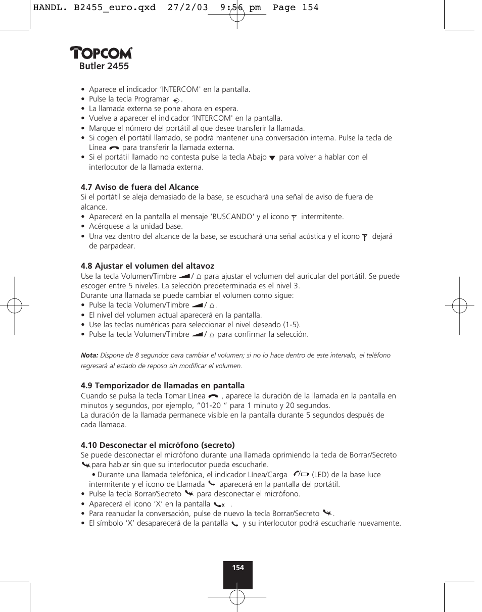 Butler 2455 | Topcom BUTLER 2455 User Manual | Page 154 / 180