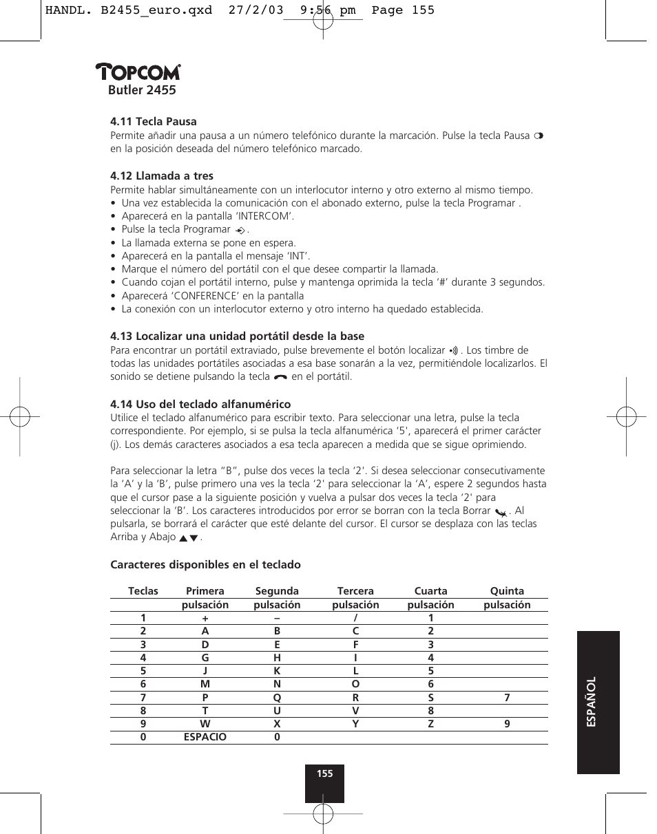 Butler 2455 | Topcom BUTLER 2455 User Manual | Page 155 / 180