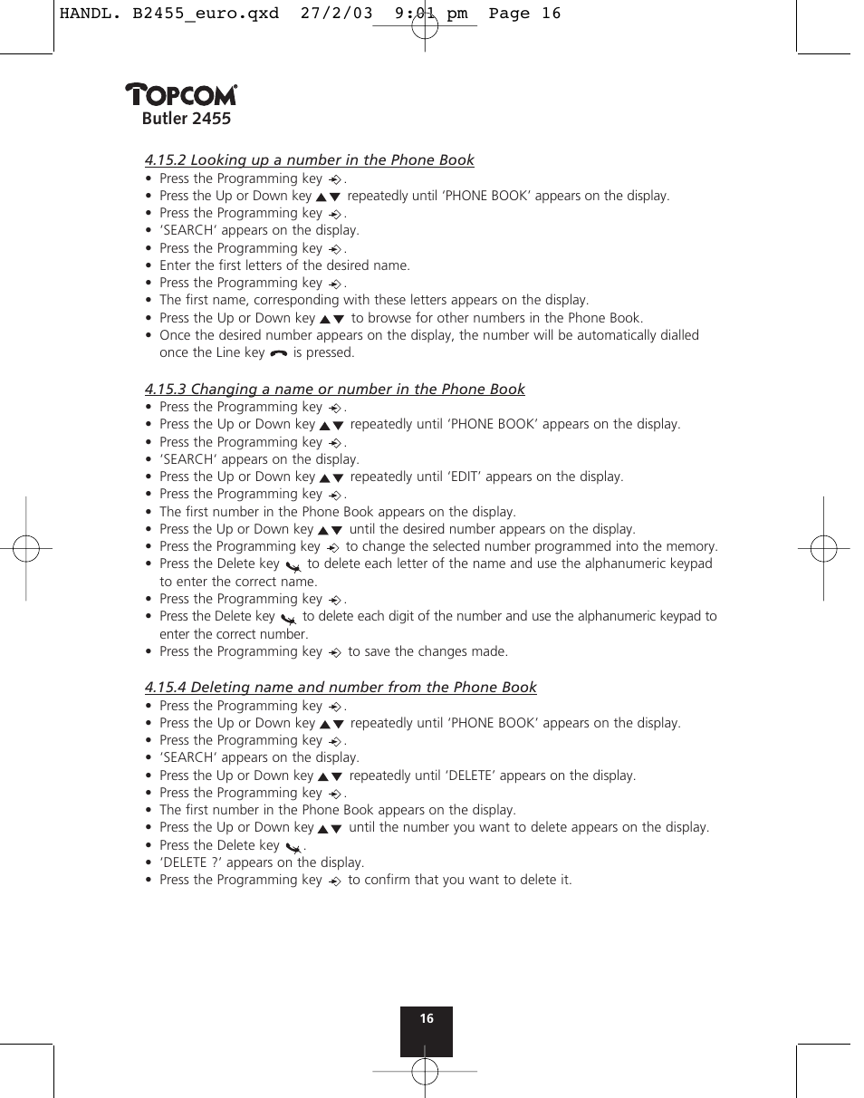 Butler 2455 | Topcom BUTLER 2455 User Manual | Page 16 / 180