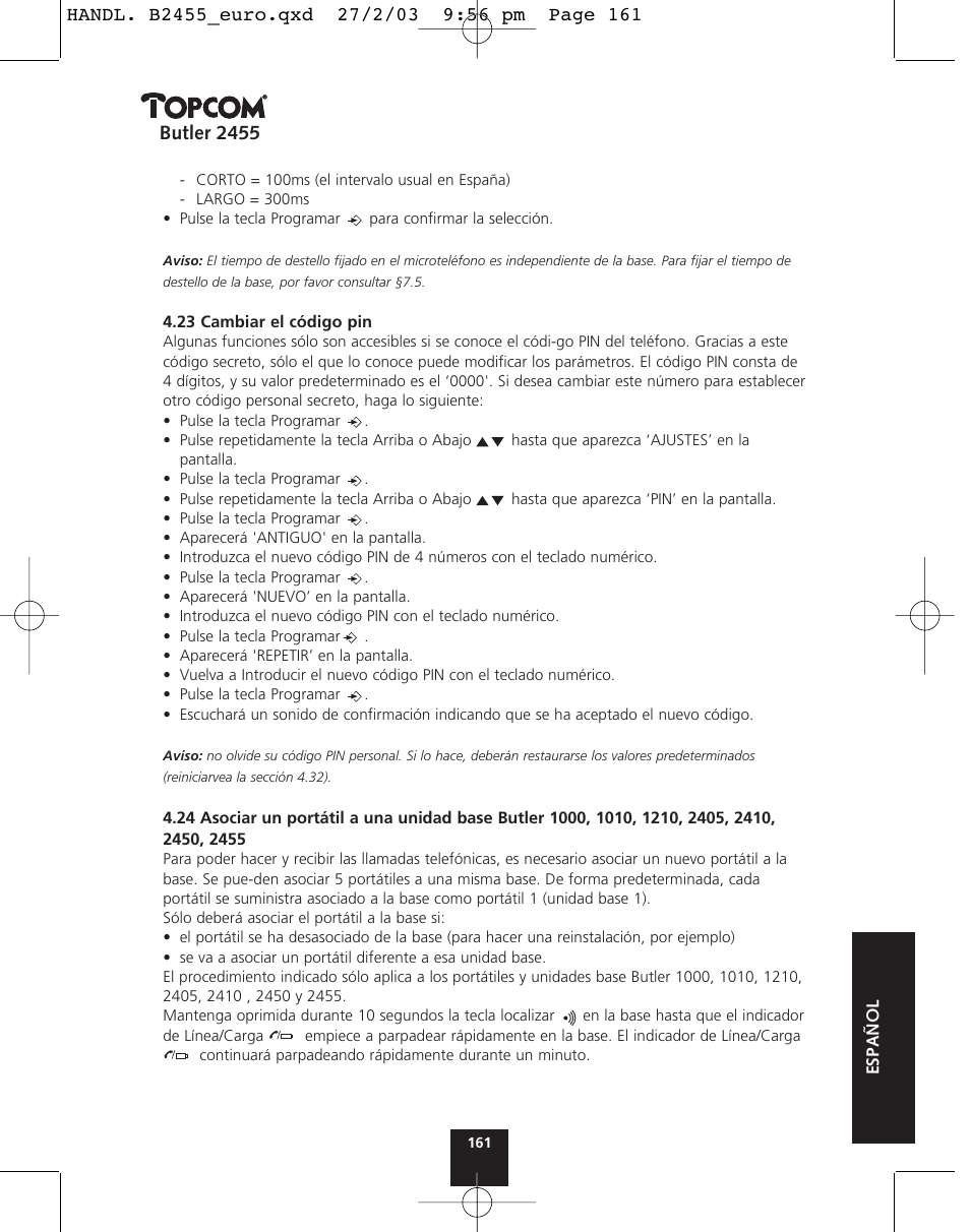Butler 2455 | Topcom BUTLER 2455 User Manual | Page 161 / 180