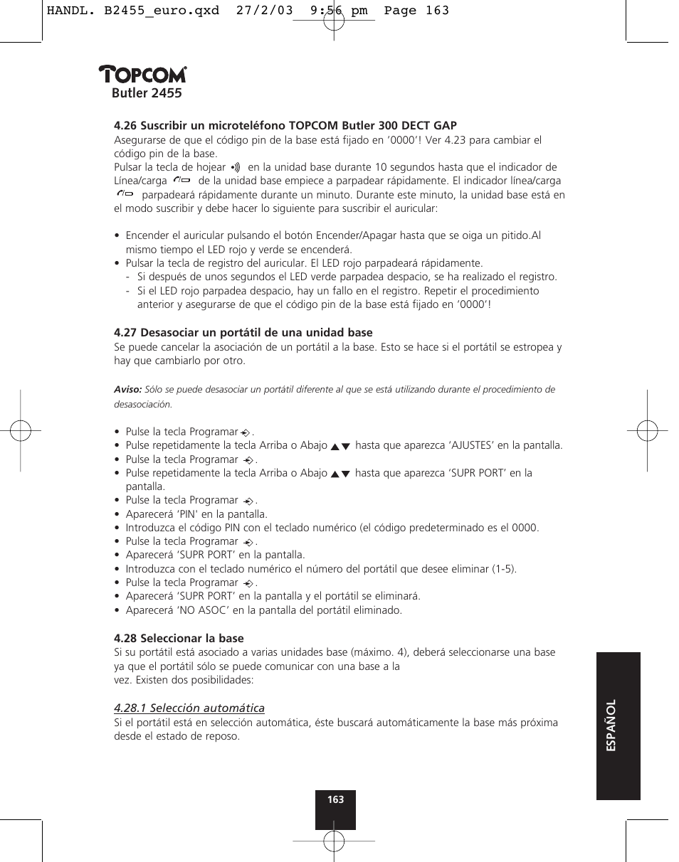 Butler 2455 | Topcom BUTLER 2455 User Manual | Page 163 / 180