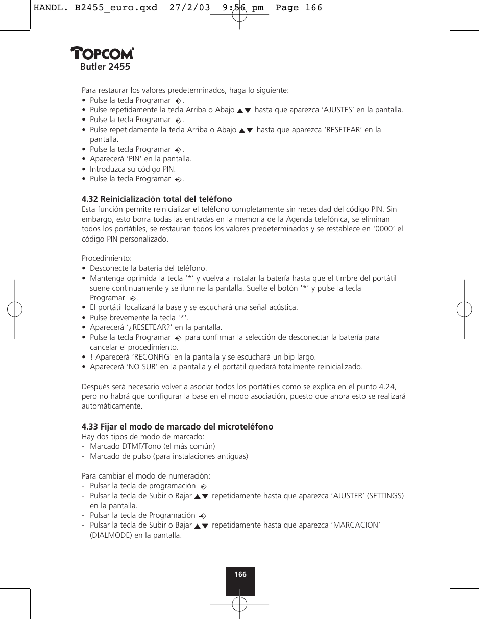 Butler 2455 | Topcom BUTLER 2455 User Manual | Page 166 / 180