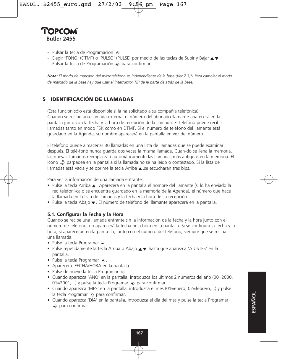 Butler 2455 | Topcom BUTLER 2455 User Manual | Page 167 / 180