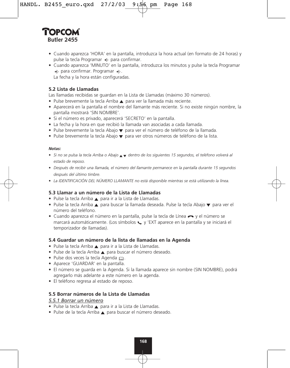 Butler 2455 | Topcom BUTLER 2455 User Manual | Page 168 / 180