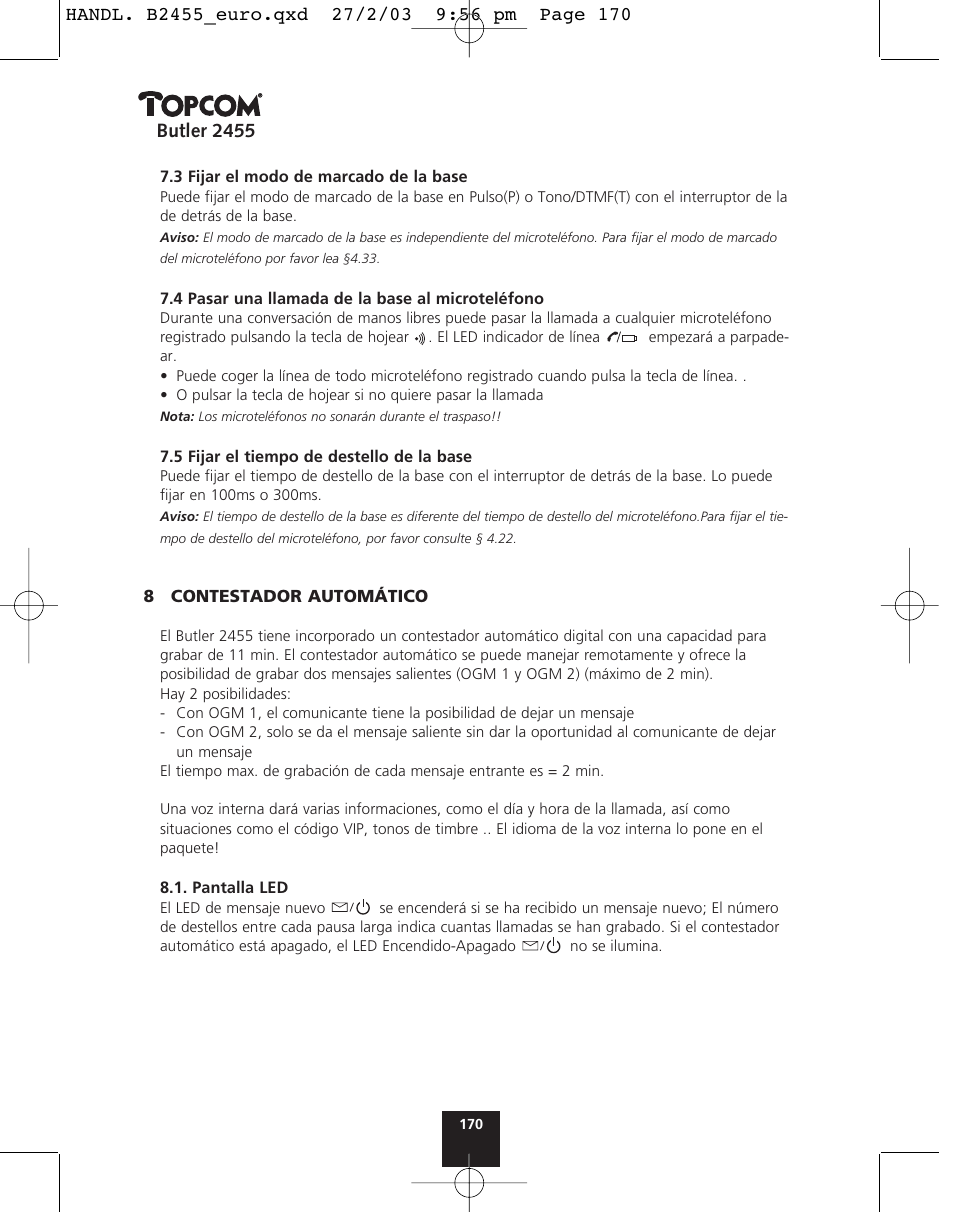 Butler 2455 | Topcom BUTLER 2455 User Manual | Page 170 / 180