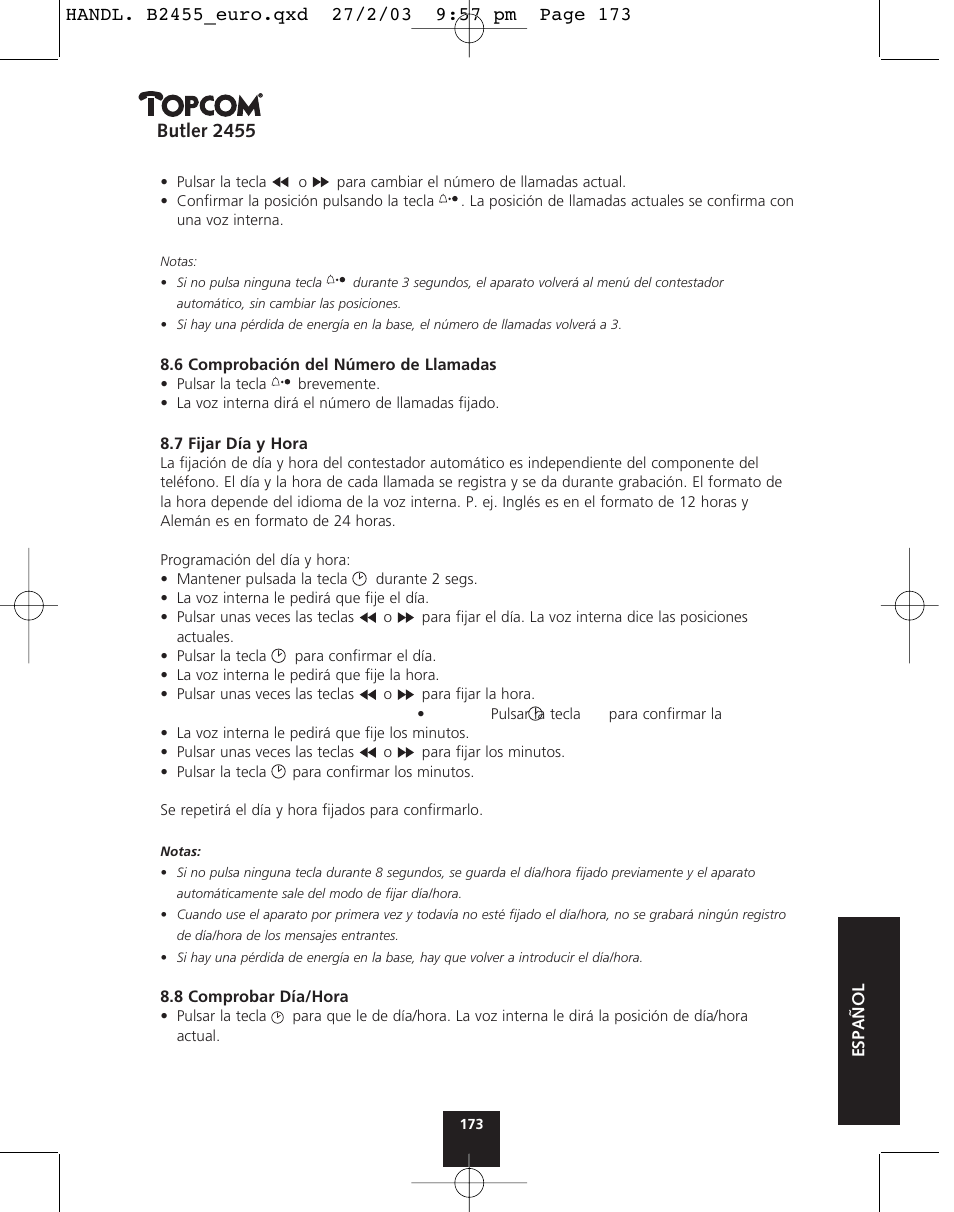 Butler 2455 | Topcom BUTLER 2455 User Manual | Page 173 / 180