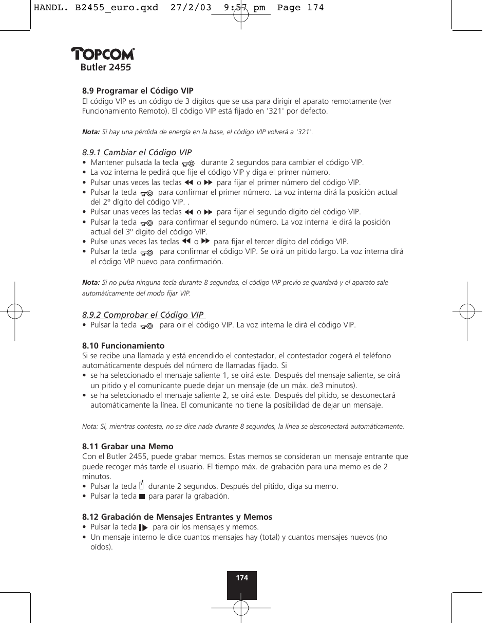 Butler 2455 | Topcom BUTLER 2455 User Manual | Page 174 / 180