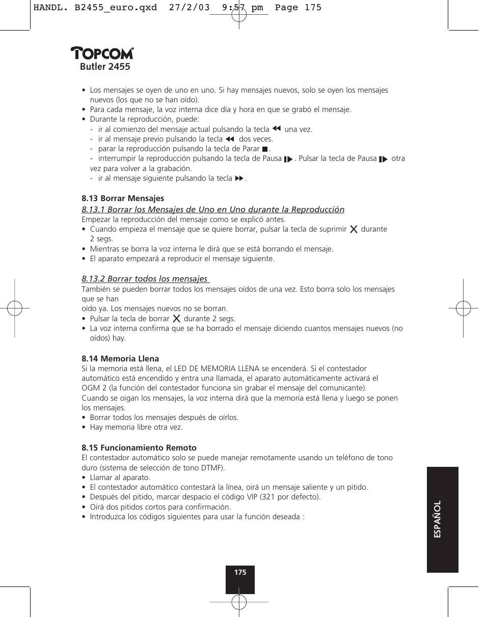 Butler 2455 | Topcom BUTLER 2455 User Manual | Page 175 / 180