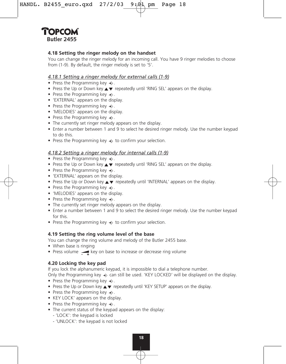 Butler 2455 | Topcom BUTLER 2455 User Manual | Page 18 / 180