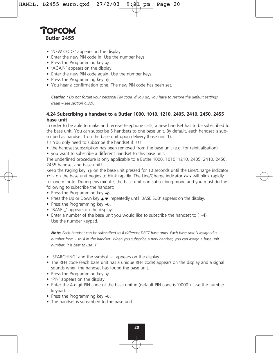 Butler 2455 | Topcom BUTLER 2455 User Manual | Page 20 / 180