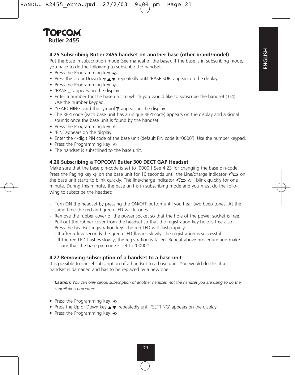 Butler 2455 | Topcom BUTLER 2455 User Manual | Page 21 / 180
