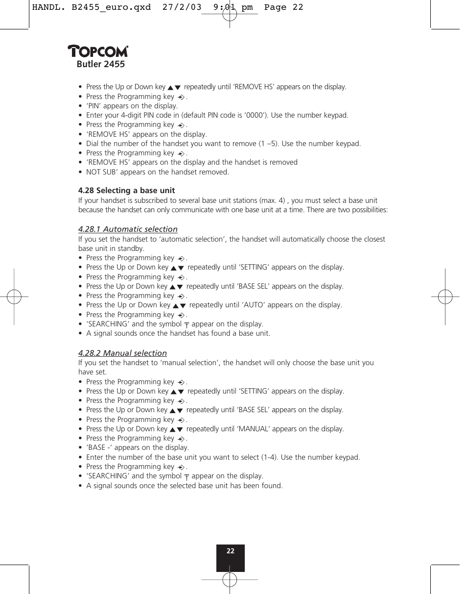 Butler 2455 | Topcom BUTLER 2455 User Manual | Page 22 / 180