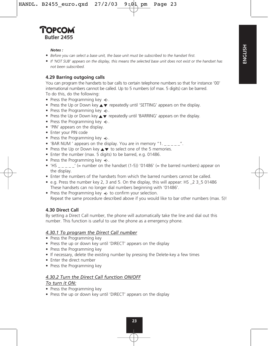 Butler 2455 | Topcom BUTLER 2455 User Manual | Page 23 / 180