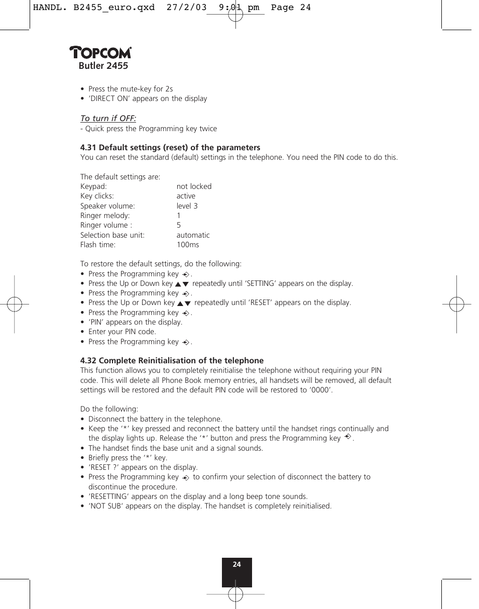 Butler 2455 | Topcom BUTLER 2455 User Manual | Page 24 / 180