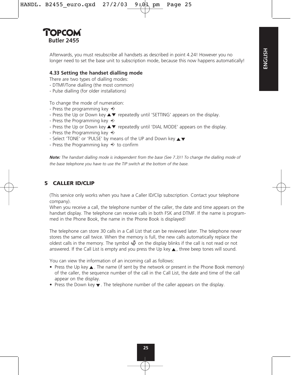 Butler 2455 | Topcom BUTLER 2455 User Manual | Page 25 / 180