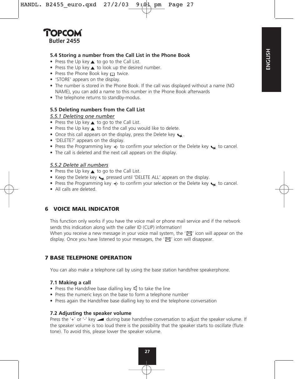 Butler 2455 | Topcom BUTLER 2455 User Manual | Page 27 / 180