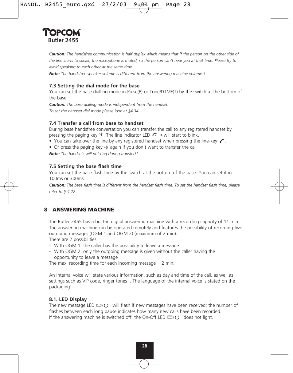Butler 2455 | Topcom BUTLER 2455 User Manual | Page 28 / 180
