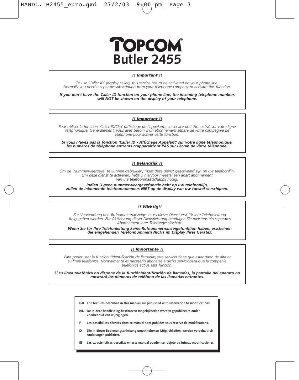Butler 2455 | Topcom BUTLER 2455 User Manual | Page 3 / 180
