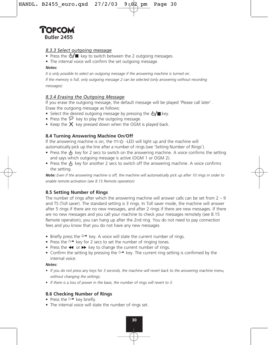 Butler 2455 | Topcom BUTLER 2455 User Manual | Page 30 / 180