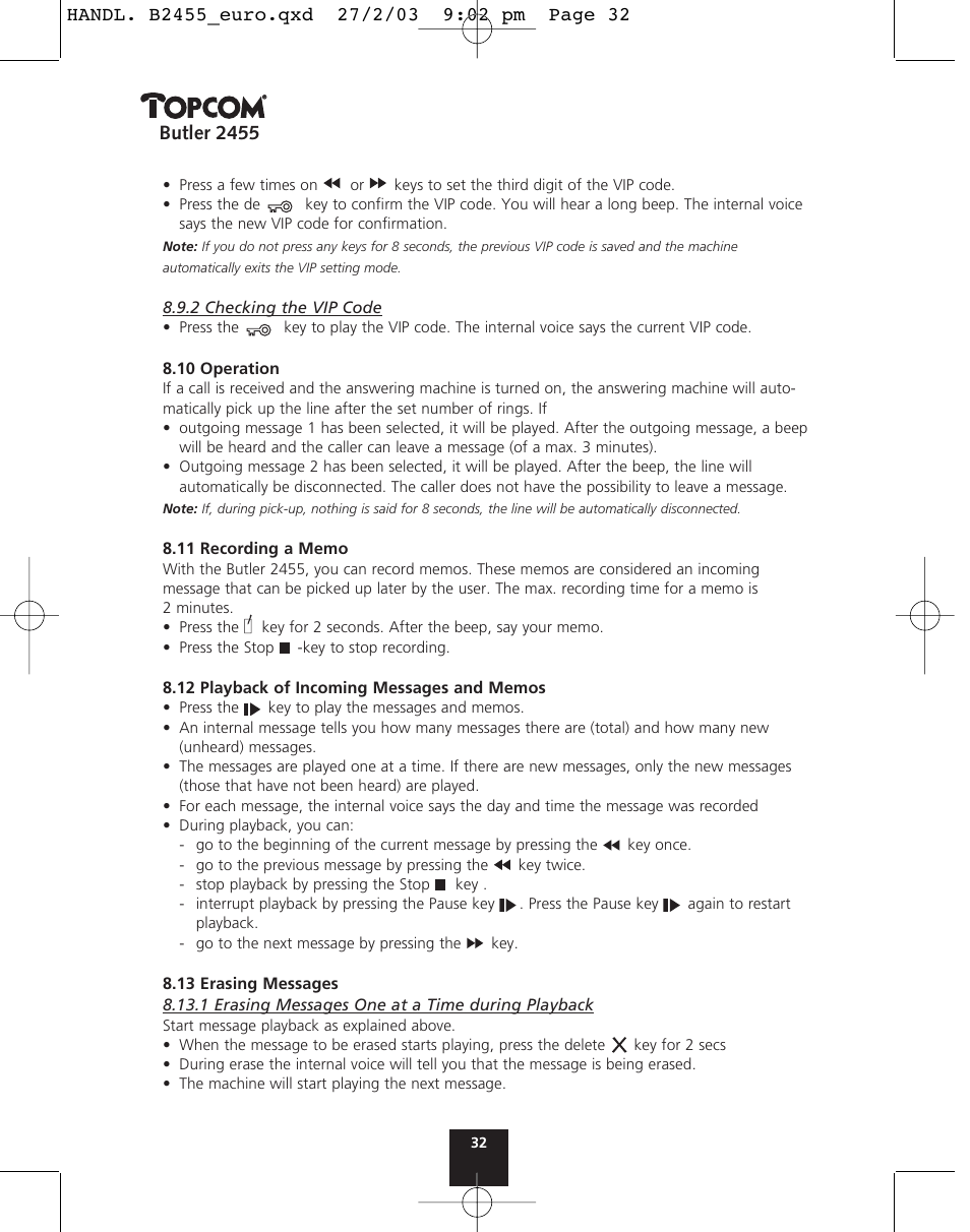 Butler 2455 | Topcom BUTLER 2455 User Manual | Page 32 / 180