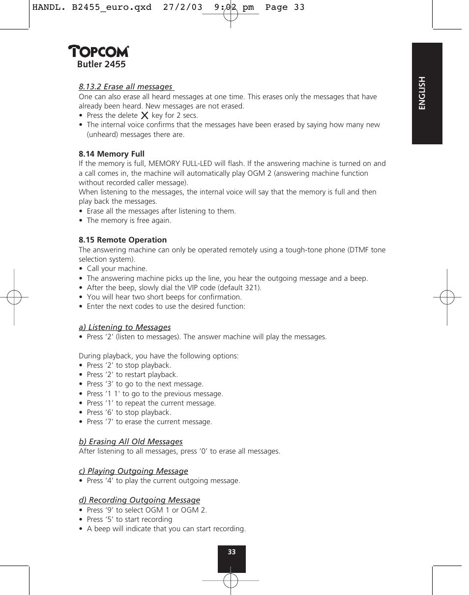 Topcom BUTLER 2455 User Manual | Page 33 / 180
