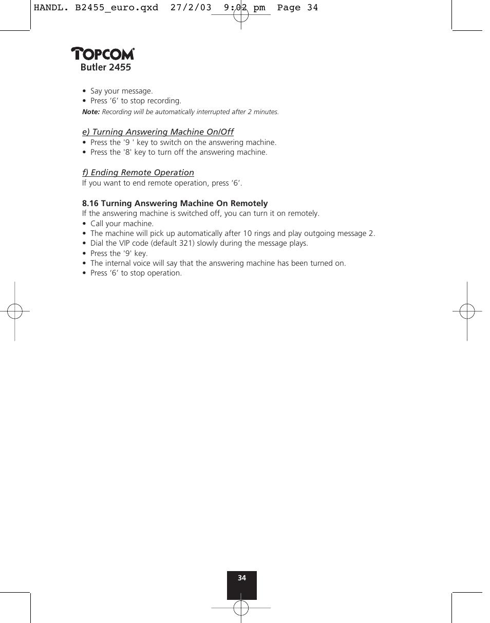 Butler 2455 | Topcom BUTLER 2455 User Manual | Page 34 / 180