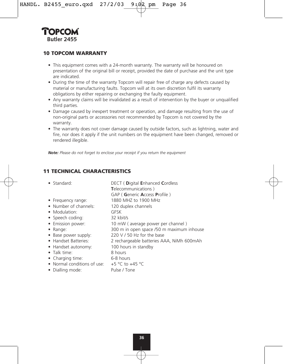 Butler 2455 | Topcom BUTLER 2455 User Manual | Page 36 / 180